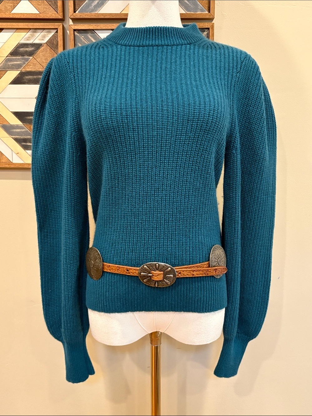 Vintage J. Crew Cashmere Teal Puff Sleeve Chunky Knit Sweater size Small